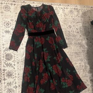 Elegant Black and Red Floral Long Sleeve Dress